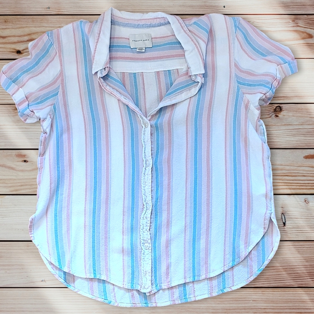 American Eagle Linen Blend Short Sleeve Button Down Size Medium